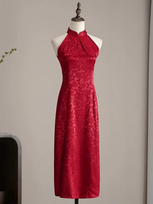 Red Sleeveless Cheongsam Halterneck Dress