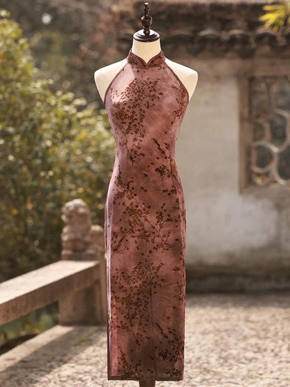 Brown Sleeveless Cheongsam, Summer Chinese Qipao, long length Daily Wear Halterneck dress