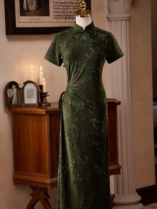 Chinese Cheongsam in Dark Green, Summer Chinese Qipao