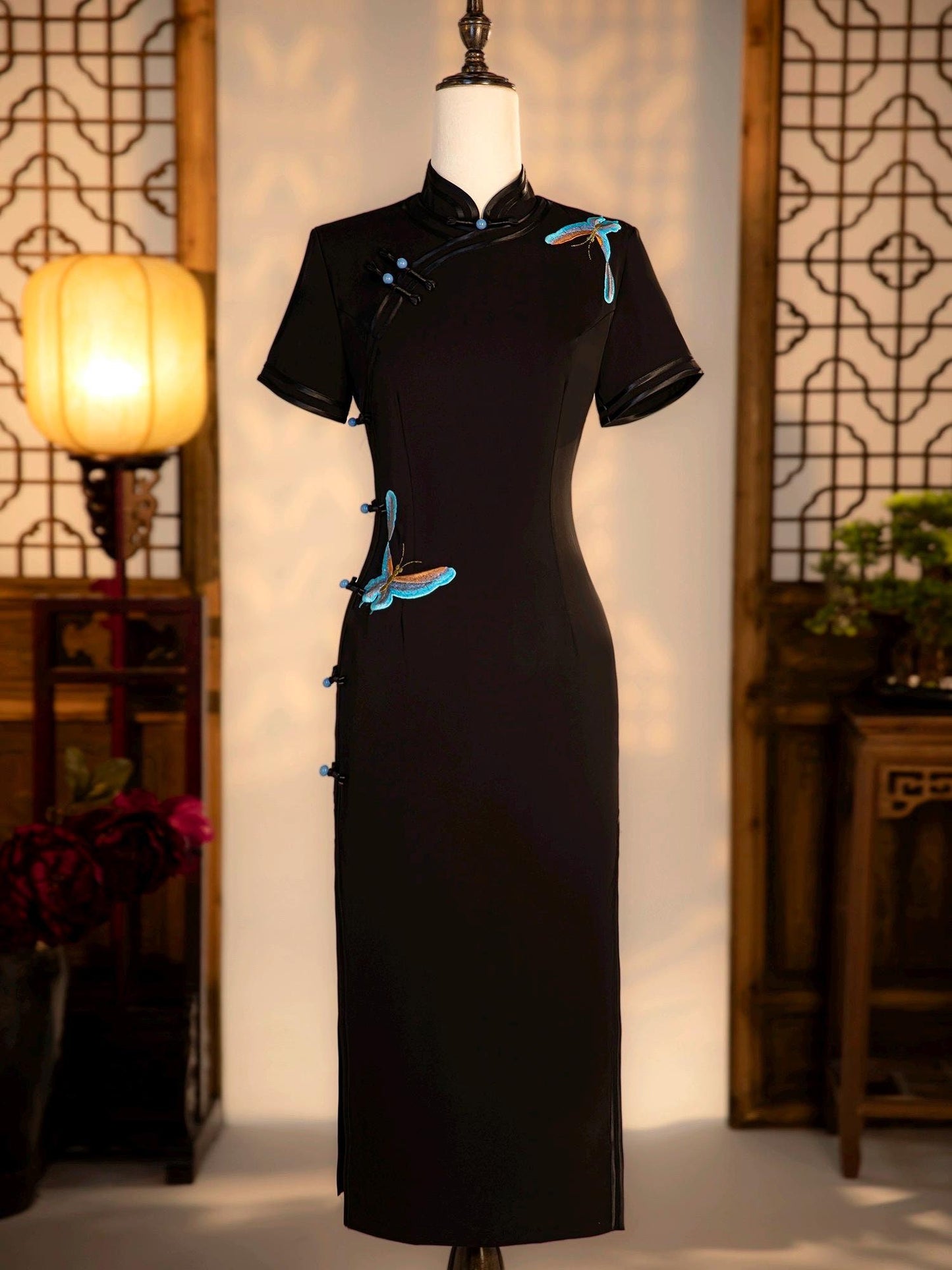 Black Cheongsam with Butterfly embroidery Pattern, Summer Chinese Qipao, long length Daily Wear