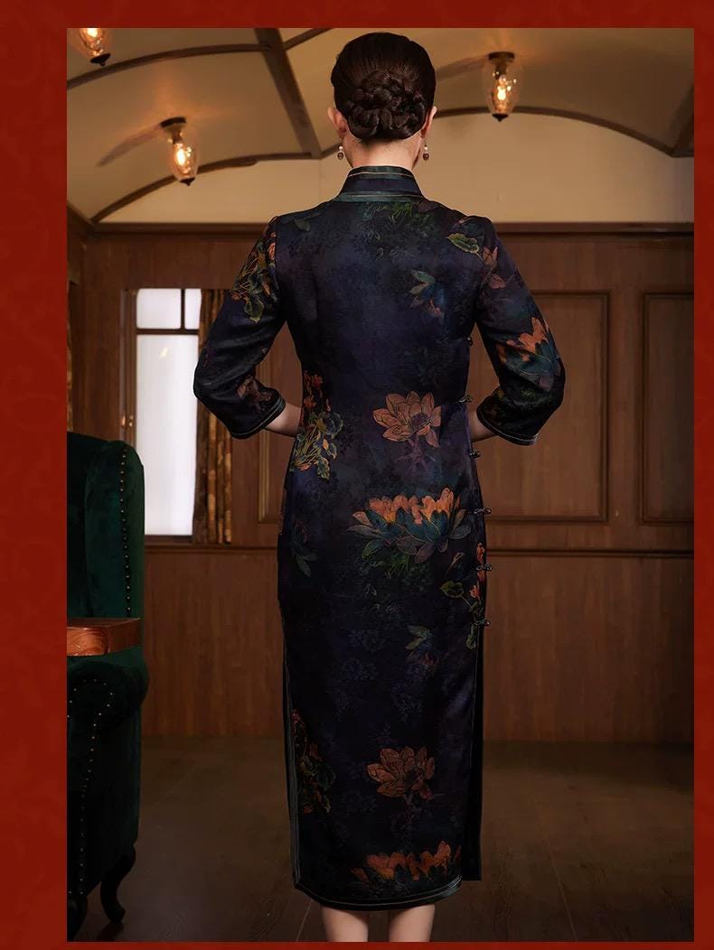 Luxurious Mulberry Silk Qipao, Chinese Xiongzhou Chiffon Cheongsam, Classic Traditional Long Qipao Dress, Mandarin Collar Frog Button Dress