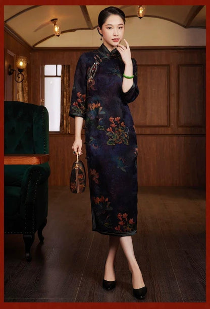 Luxurious Mulberry Silk Qipao, Chinese Xiongzhou Chiffon Cheongsam, Classic Traditional Long Qipao Dress, Mandarin Collar Frog Button Dress