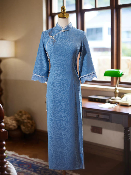 Fall Blue Modern Chinese Qipao Traditional Cheongsam three-quarter sleeves