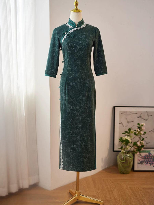 2024 Fall Chinese Qipao Dress Vintage Cheongsam Hongkong Chipao Corduroy Green Dress