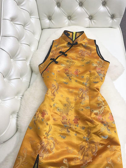 Mini Chinese Dragon Pattern Qipao Dress Asymmetrical Shoulder