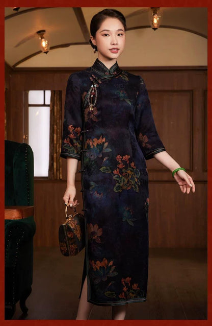 Luxurious Mulberry Silk Qipao, Chinese Xiongzhou Chiffon Cheongsam, Classic Traditional Long Qipao Dress, Mandarin Collar Frog Button Dress