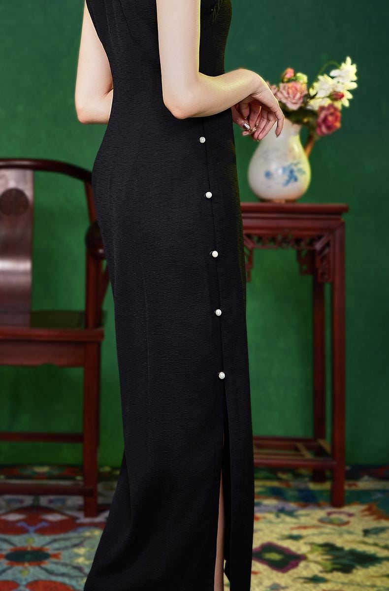 Modern Cheongsam Fitted Slimming Straight Collar Cap Sleeve Summer Qipao Dress, Elegant Long Black Women's Dress for Formal Occasions