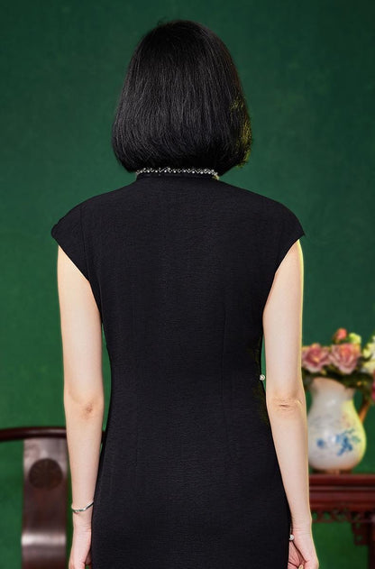 Modern Cheongsam Fitted Slimming Straight Collar Cap Sleeve Summer Qipao Dress, Elegant Long Black Women's Dress for Formal Occasions