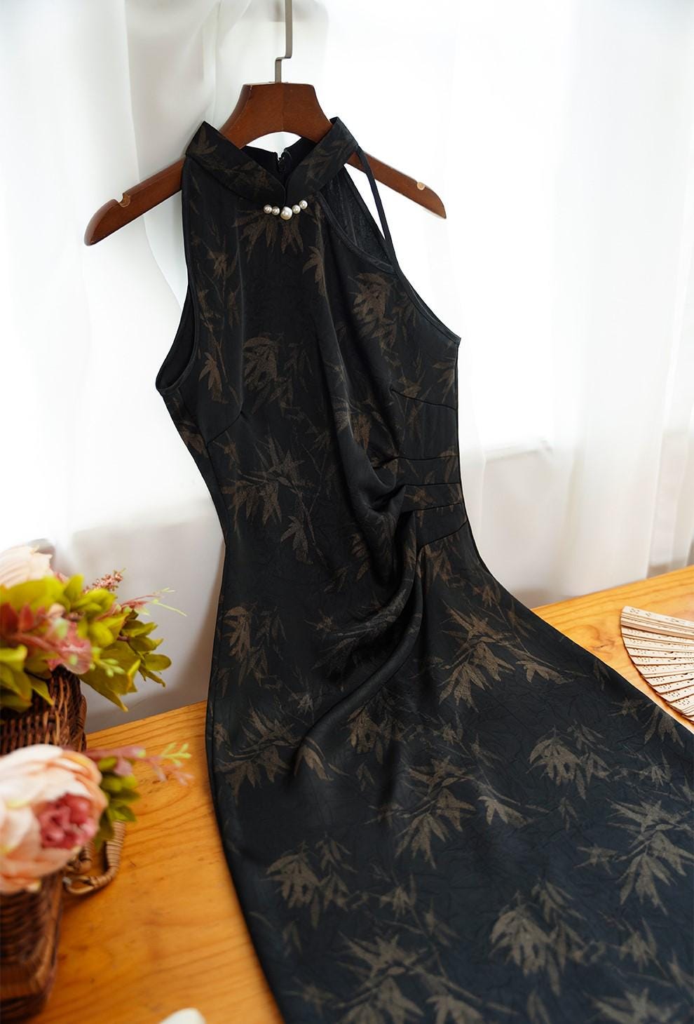 Black Sleeveless Cheongsam, Summer Chinese Qipao, long length Daily Wear Halterneck dress Modern Chinese Dress Bridesmaid dress