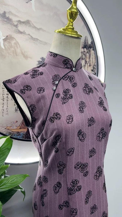 Purple Sleeveless New Chinese Style Improved Qipao Vintage Floral Elegant Slim Chinese Dress