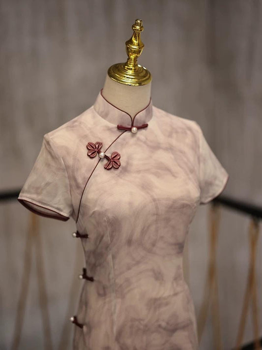 2024 Autumn Winter New Pink Purple Short Sleeve Qipao, Casual Qipao,  Floral Buttons, Stand Collar Dress Vintage floral qipao dress