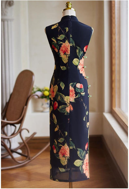 Green Sleeveless Cheongsam, Summer Chinese Qipao, Floral Pattern Daily Wear Dress