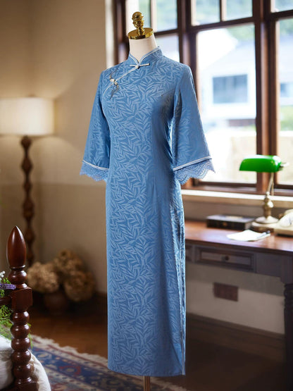 Fall Blue Modern Chinese Qipao Traditional Cheongsam three-quarter sleeves