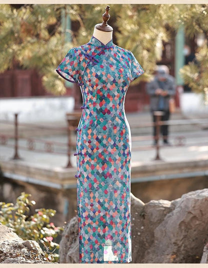 Blue Plaid Cheongsam with white forge buttons, Summer Chinese Qipao, Blue long length Daily Wear Party Dress