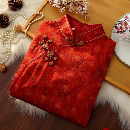 Mulberry Silk Short-sleeved long Cheongsam Orange Red Qipao Traditional Dress Flower Button