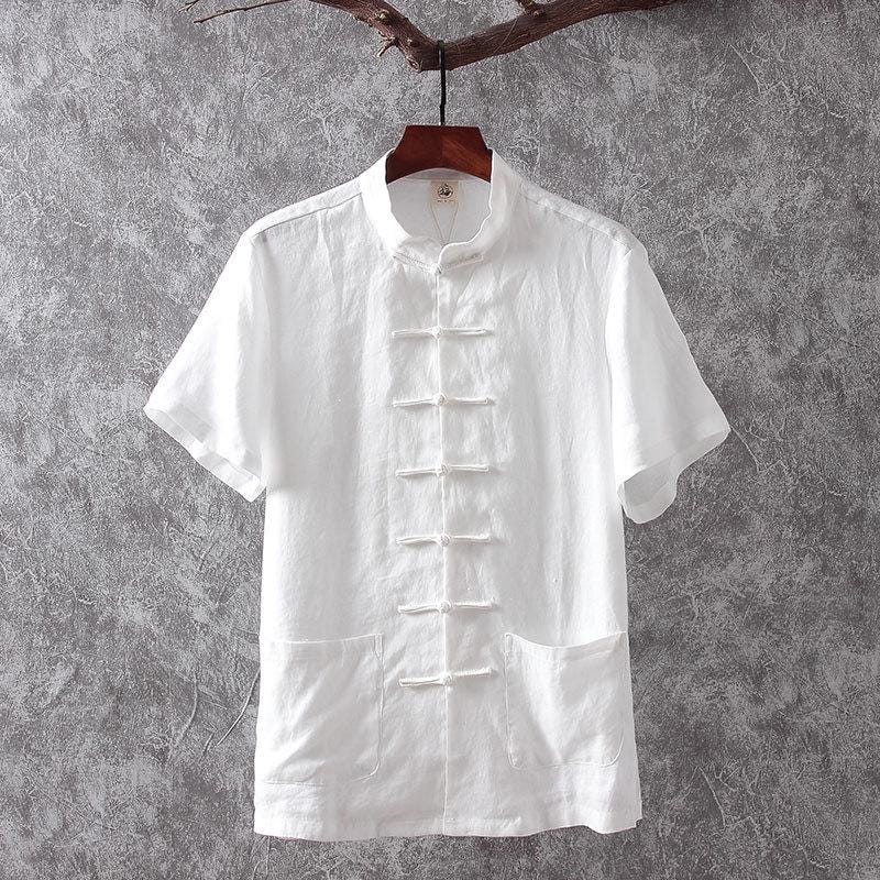 Linen Tang shirt for Men Chinese white shirt short Sleeve Plus Size