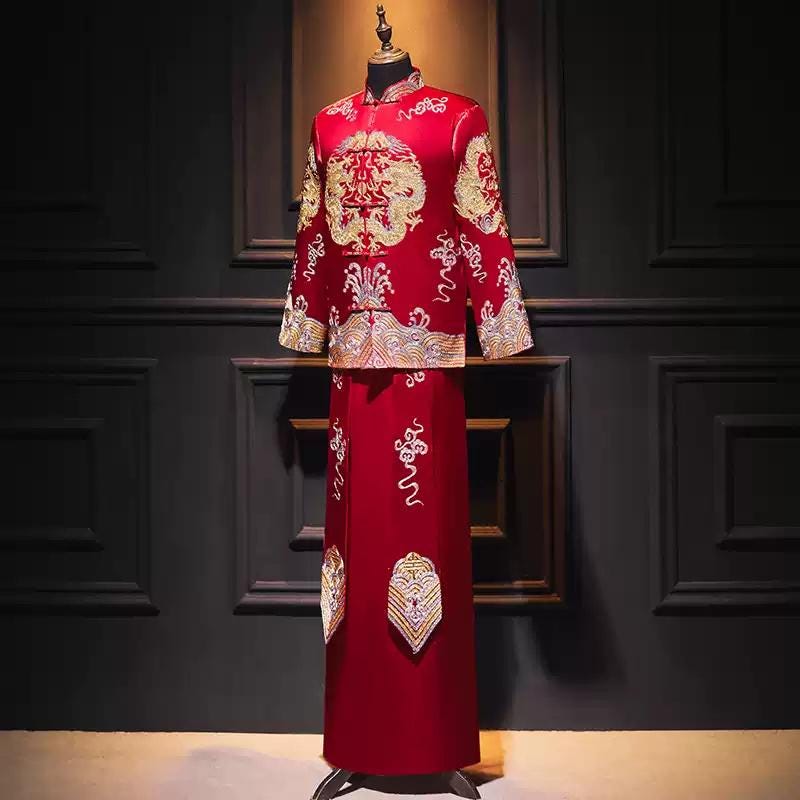 Traditional Chinese Groom Red Wedding Xiuhe Dragon Tea Ceremony For men Red Gown Plus Size Kimono