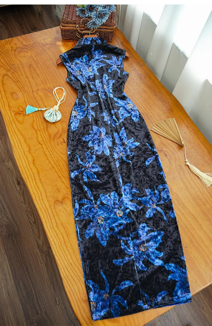 Black Blue Sleeveless Cheongsam, Modern Floral Pattern Chinese Qipao, Chinese Daily Wear Dress Dinner Dress