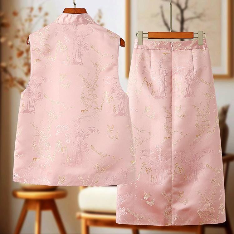 New Chinese Style Autumn/Winter Embroidered Vintage Vest + Half Skirt Artsy Set, Pink Chinese Qipao Set Cheongsam Top Frog Button Blouse