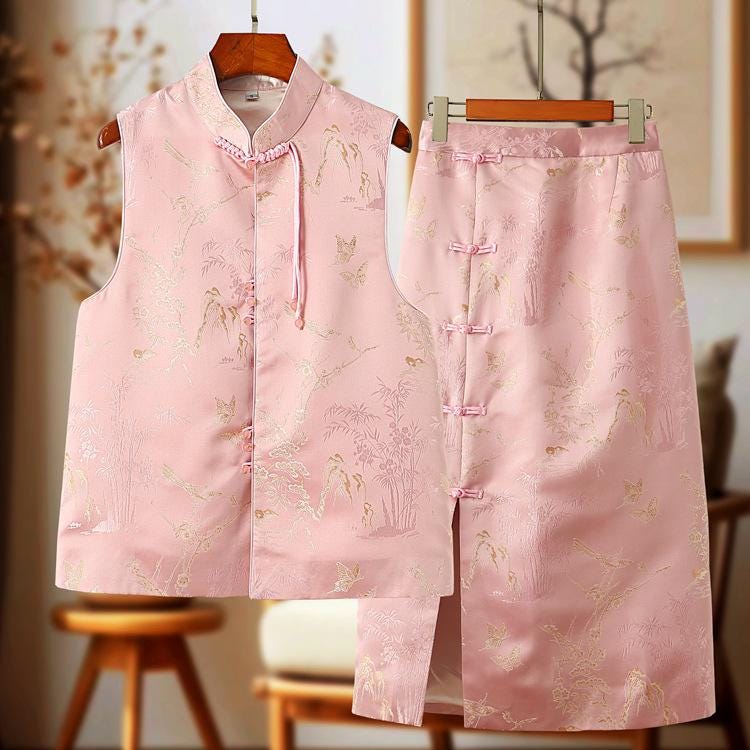 New Chinese Style Autumn/Winter Embroidered Vintage Vest + Half Skirt Artsy Set, Pink Chinese Qipao Set Cheongsam Top Frog Button Blouse