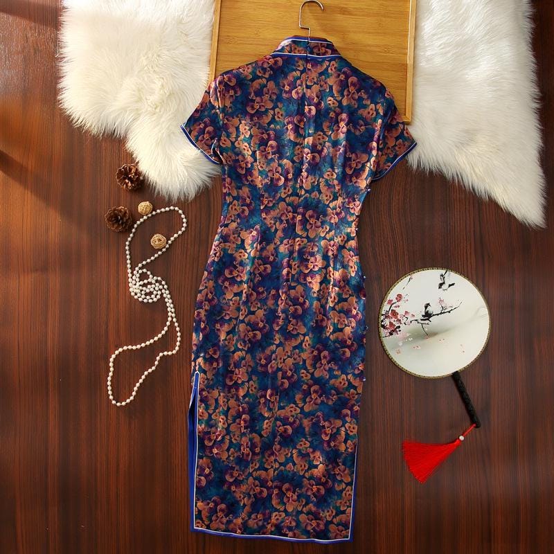 Mulberry Silk Short-sleeved long Cheongsam Deep Blue Qipao Traditional Dress Flower Button