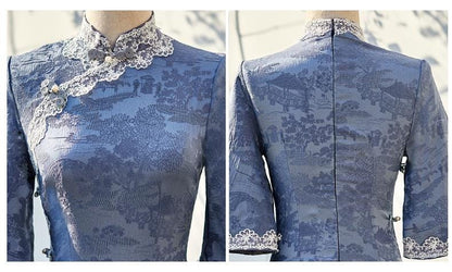 2024 Fall Chinese Qipao Dress Cheongsam Blue Chinese painting patterns Chipao Dress