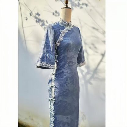 2024 Fall Chinese Qipao Dress Cheongsam Blue Chinese painting patterns Chipao Dress