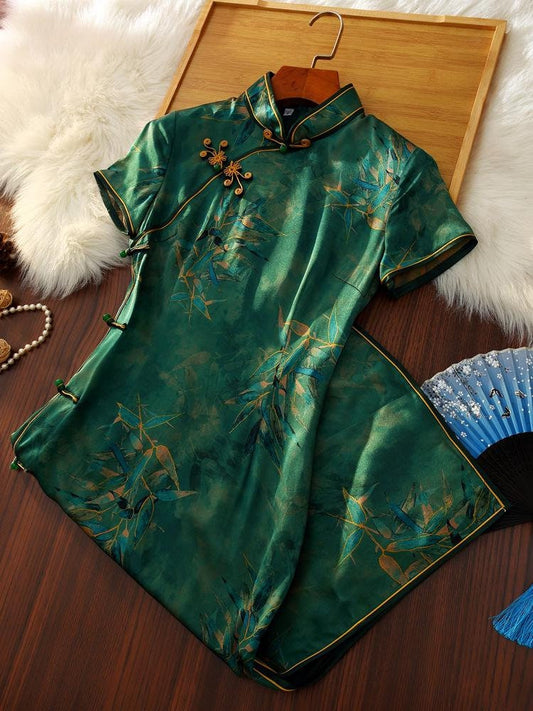 Mulberry Silk Short-sleeved long Cheongsam Dark Green Qipao Traditional Dress Flower Button