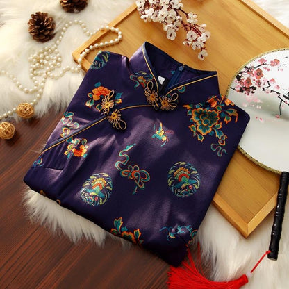 Deep Blue Qipao Shirt for Women, Mulberry Silk Vintage Versatile Top