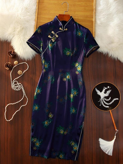 Mulberry Silk Short-sleeved long Cheongsam Dark Blue Qipao Traditional Dress Frog Button