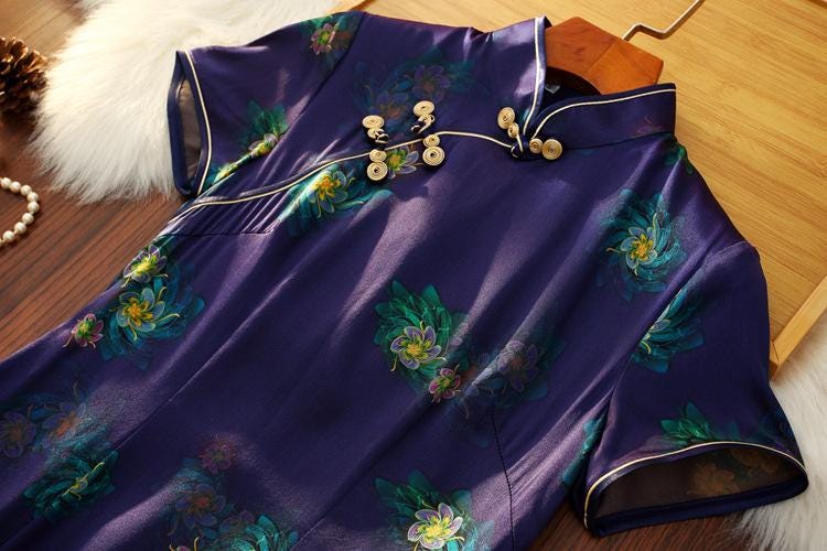 Mulberry Silk Short-sleeved long Cheongsam Dark Blue Qipao Traditional Dress Frog Button