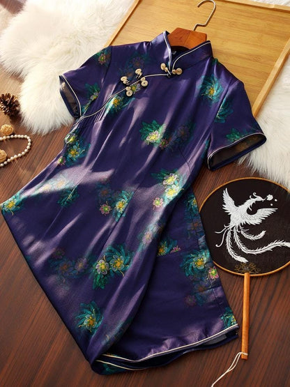 Mulberry Silk Short-sleeved long Cheongsam Dark Blue Qipao Traditional Dress Frog Button