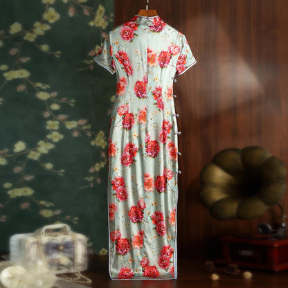 Mulberry Silk Short-sleeved long Cheongsam Peony Pattern Qipao Traditional Dress Flower Button