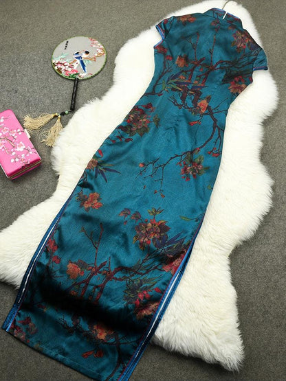 Mulberry Silk Short-sleeved long length Cheongsam Qipao Traditional Dress