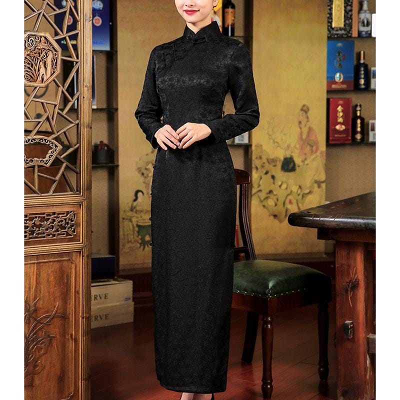 Old Shanghai Qipao, Pure Black Slim Fit Full-Open Front, Handmade Frog Buttons, Traditional Qipao, Three-Quarter Length Sleeves, Mom's Qipao