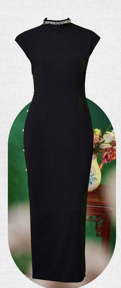 Modern Cheongsam Fitted Slimming Straight Collar Cap Sleeve Summer Qipao Dress, Elegant Long Black Women's Dress for Formal Occasions