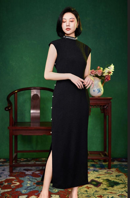 Modern Cheongsam Fitted Slimming Straight Collar Cap Sleeve Summer Qipao Dress, Elegant Long Black Women's Dress for Formal Occasions