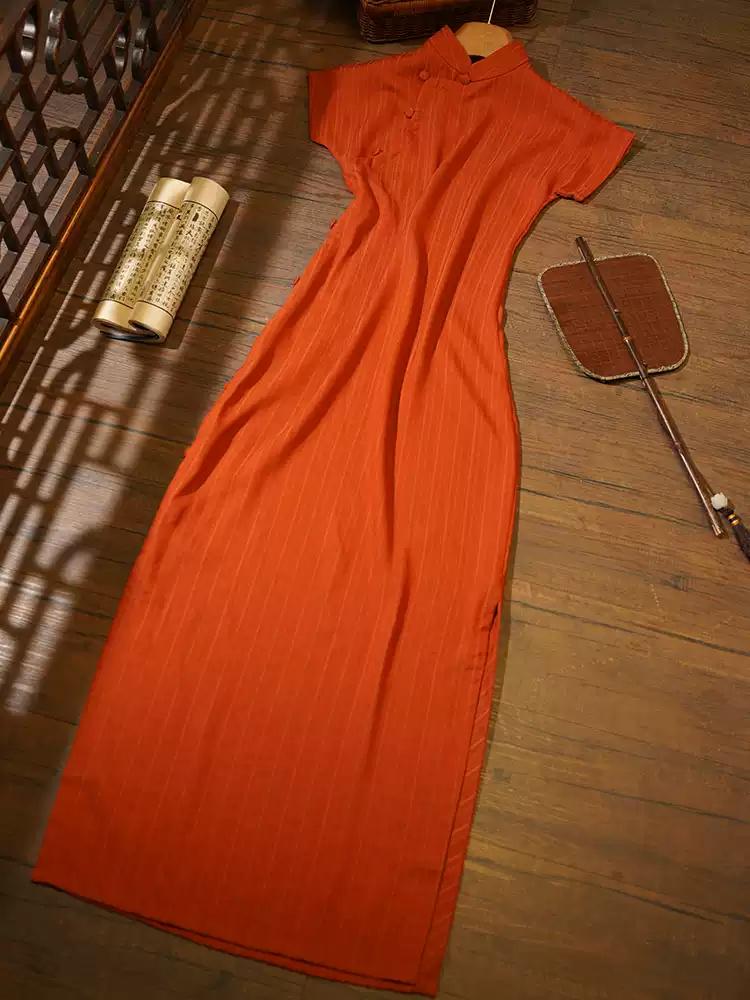 Orange red Traditional Qipao Cheongsam, Line cotton Summer Chinese Dress, Modern long length Daily Wear Party Dress Simple Dinner Dress