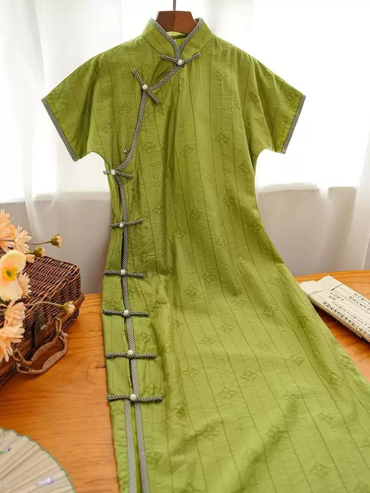 Traditional Qipao Cheongsam, Light green Tencel Chinese Dress, Modern long length Daily Wear Party Dress Simple Wedding Guest Dress