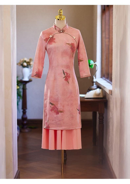 Pink Long Sleeve Qipao, Date Qipao Elegant dress with floral buttons Mandarin collar Aodai Dress Modern Cheongsam