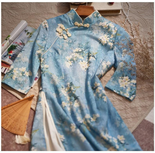 Blue Modern Qipao, Date Qipao Elegant dress with Forg buttons Mandarin collar Aodai Dress Traditional Cheongsam