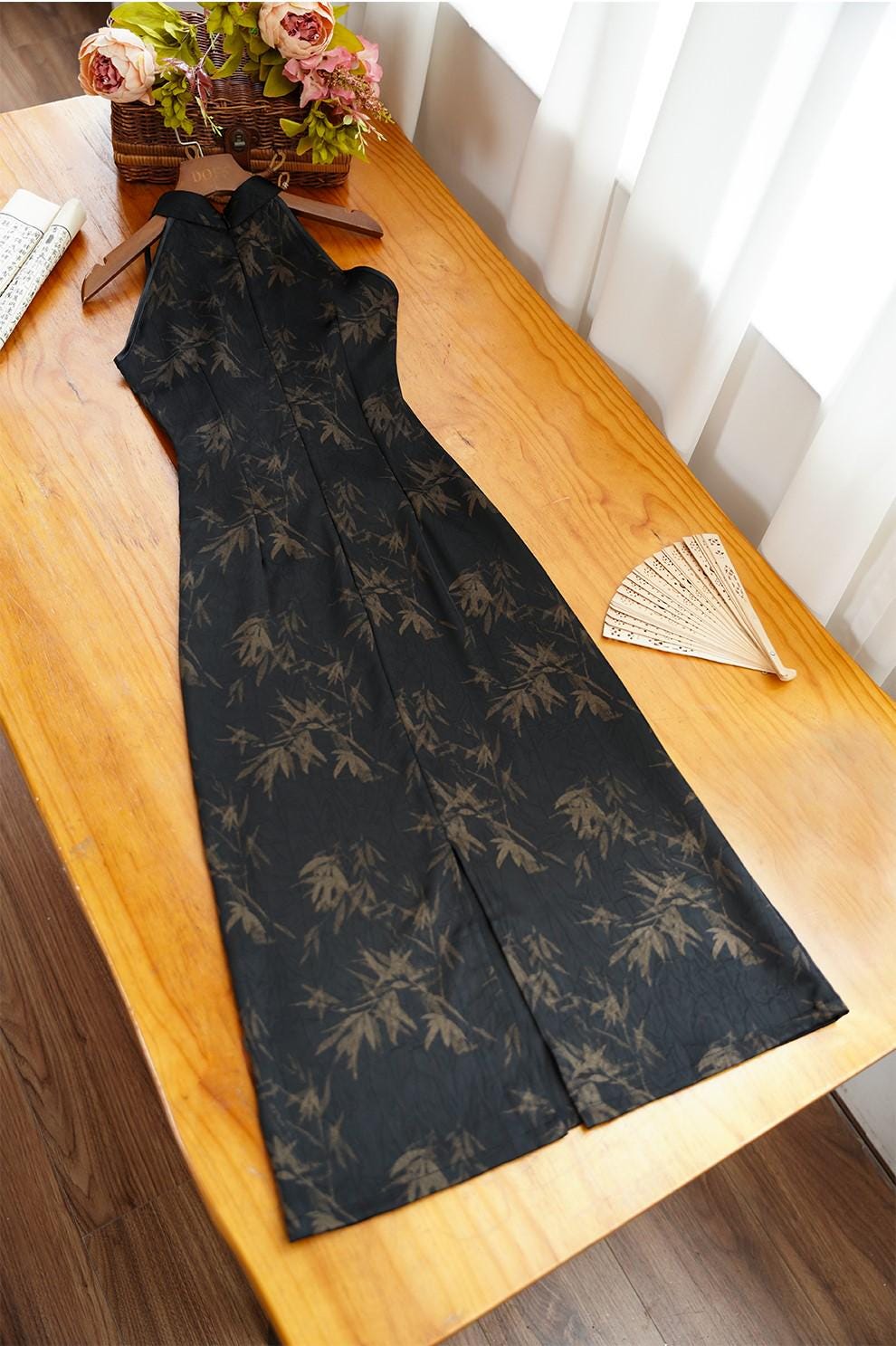 Black Sleeveless Cheongsam, Summer Chinese Qipao, long length Daily Wear Halterneck dress Modern Chinese Dress Bridesmaid dress