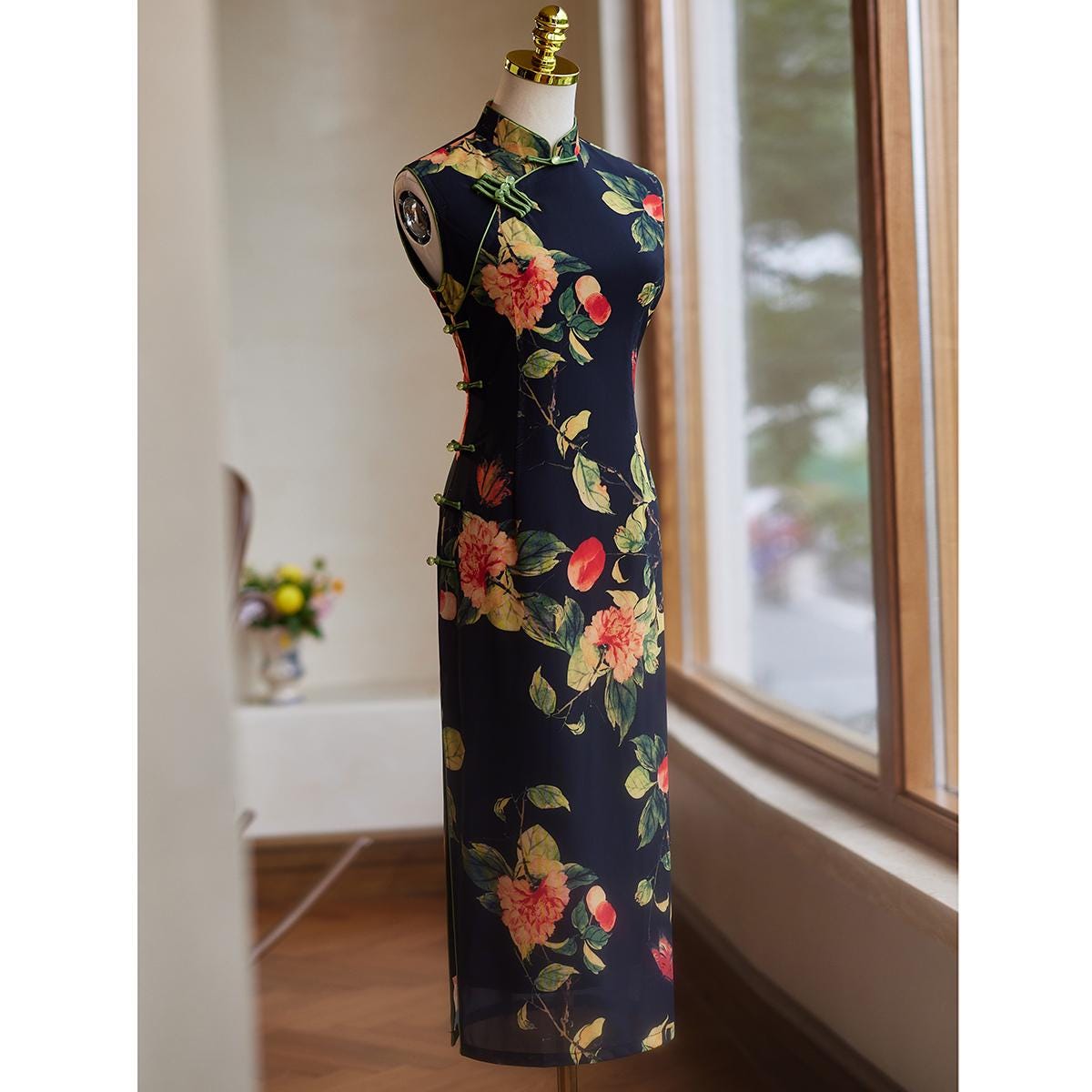 Green Sleeveless Cheongsam, Summer Chinese Qipao, Floral Pattern Daily Wear Dress