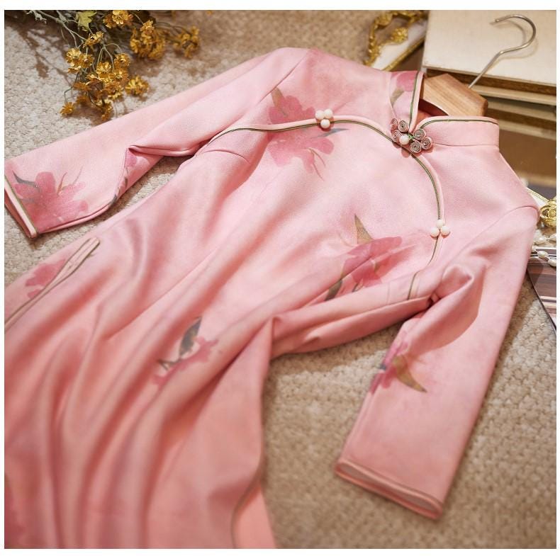 Pink Long Sleeve Qipao, Date Qipao Elegant dress with floral buttons Mandarin collar Aodai Dress Modern Cheongsam