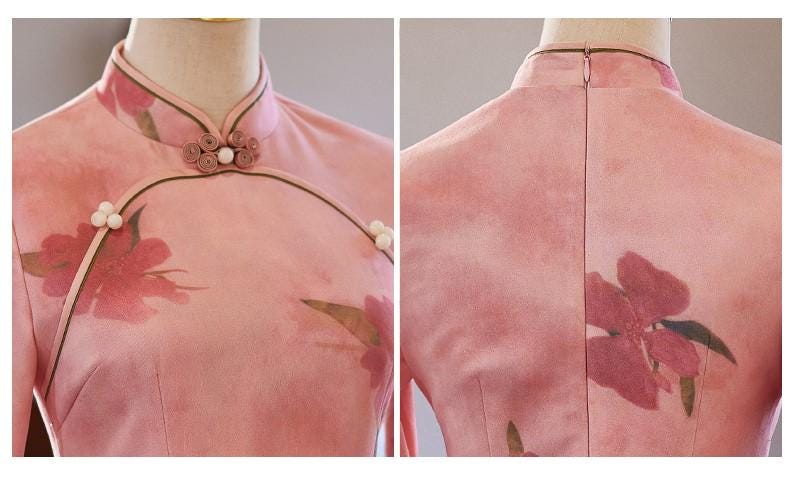 Pink Long Sleeve Qipao, Date Qipao Elegant dress with floral buttons Mandarin collar Aodai Dress Modern Cheongsam