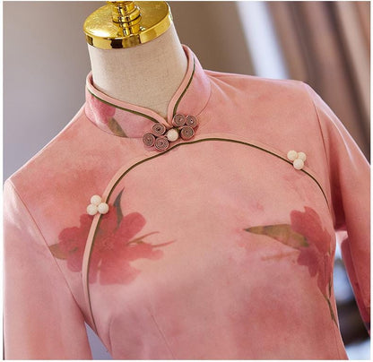 Pink Long Sleeve Qipao, Date Qipao Elegant dress with floral buttons Mandarin collar Aodai Dress Modern Cheongsam