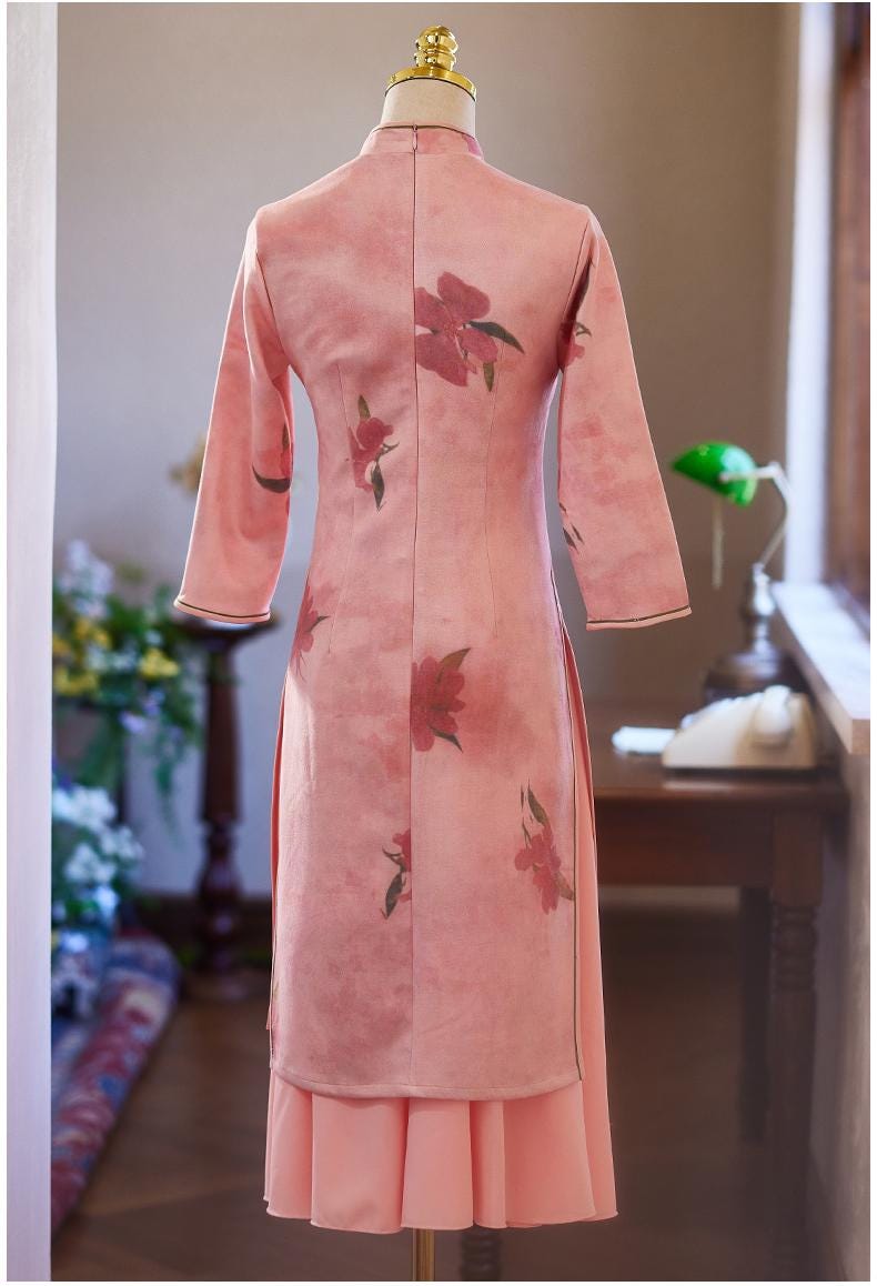 Pink Long Sleeve Qipao, Date Qipao Elegant dress with floral buttons Mandarin collar Aodai Dress Modern Cheongsam