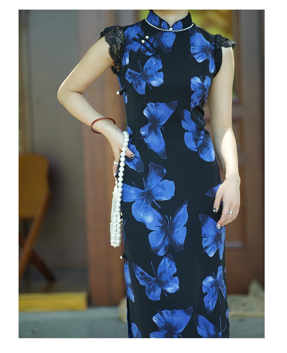 Blue Butterfly Sleeveless Cheongsam, Summer Chinese Qipao, long length Daily Wear Prom Dress