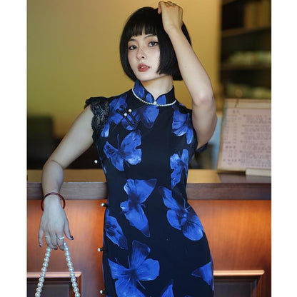 Blue Butterfly Sleeveless Cheongsam, Summer Chinese Qipao, long length Daily Wear Prom Dress