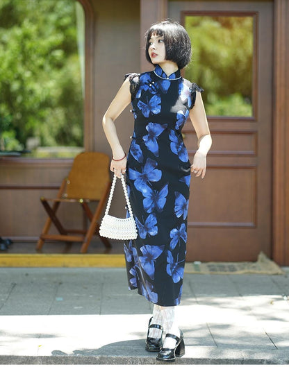 Blue Butterfly Sleeveless Cheongsam, Summer Chinese Qipao, long length Daily Wear Prom Dress